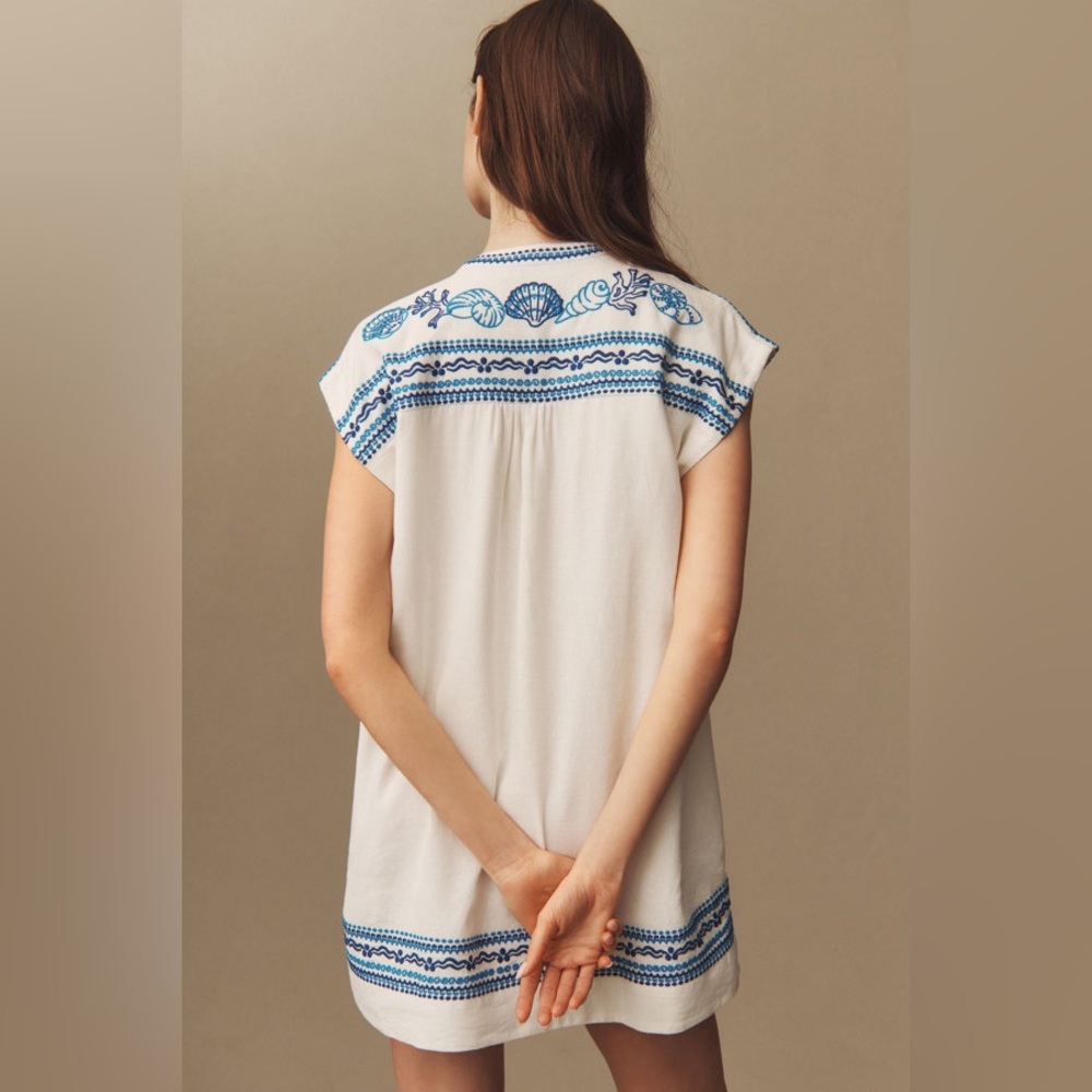 Anthropologie Maeve linen embroidered tunic dress medium white blue beach shells - Picture 17 of 17